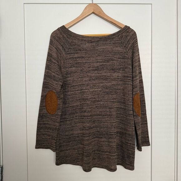 Perch By Blu Pepper Sweater Top Womens 2XL Brown Knit Elbow Patches Pullover - Picture 8 of 14